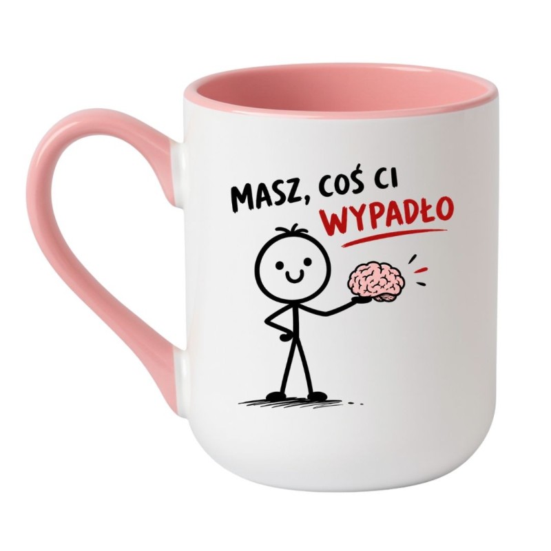 Kubek „Masz, coś ci wypadło” - śmieszny kubek z zabawnym napisem i minimalistyczną grafiką mózgu