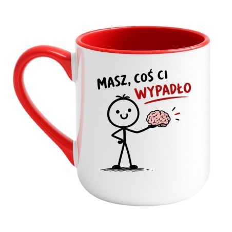Kubek „Masz, coś ci wypadło” - śmieszny kubek z zabawnym napisem i minimalistyczną grafiką mózgu