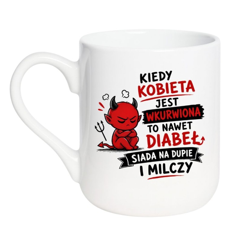 Ceramiczny kubek z zabawnym napisem i diabłem