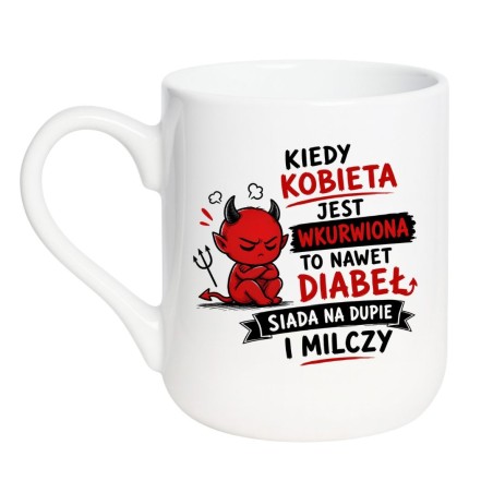Ceramiczny kubek z zabawnym napisem i diabłem