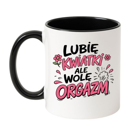 Kubek z zabawnym tekstem i kwiatkami