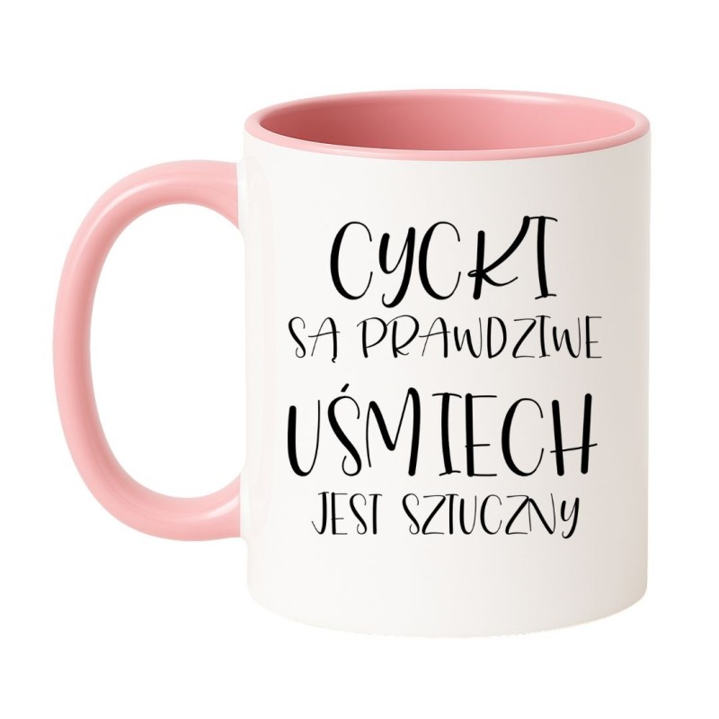 Śmieszny kubek dla kobiety „Cycki są prawdziwe, uśmiech jest sztuczny”