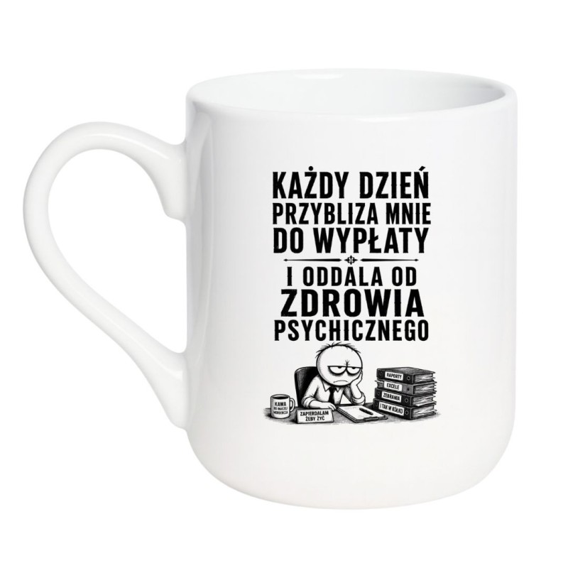 Biały kubek z ironicznym nadrukiem o pracy