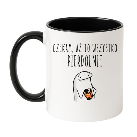 Kubek biało-czarny 330 ml z ironicznym napisem o chaosie i grafiką postaci