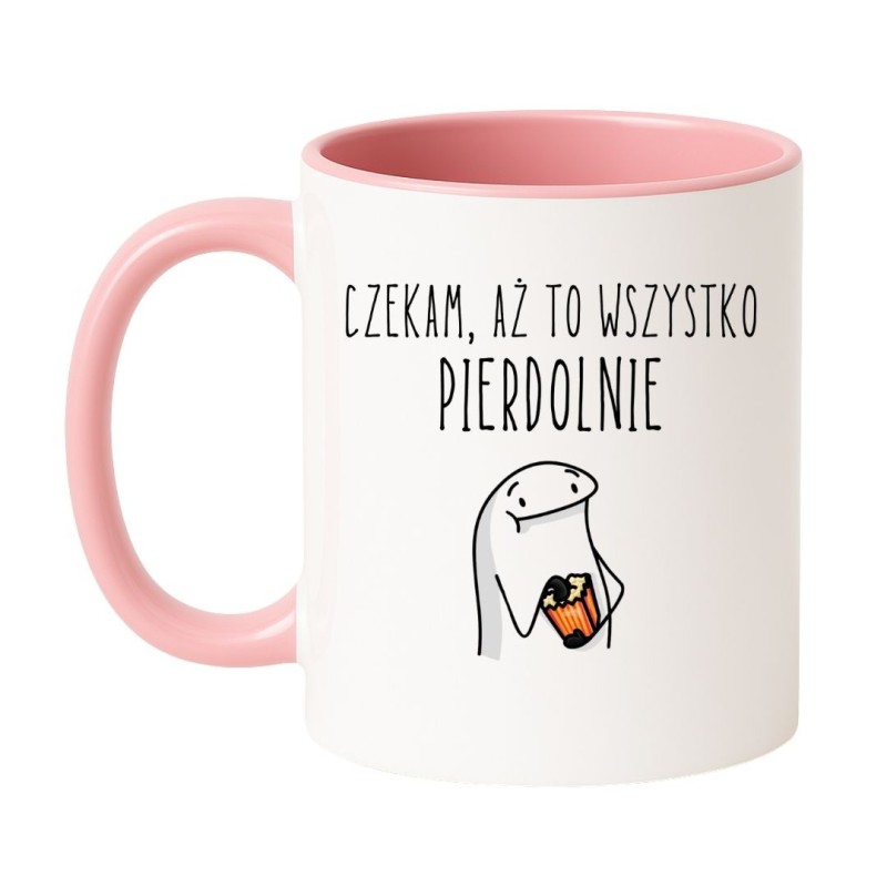 Kubek biało-różowy 330 ml z czarnym humorem – napis „Czekam, aż to wszystko pierdolnie”