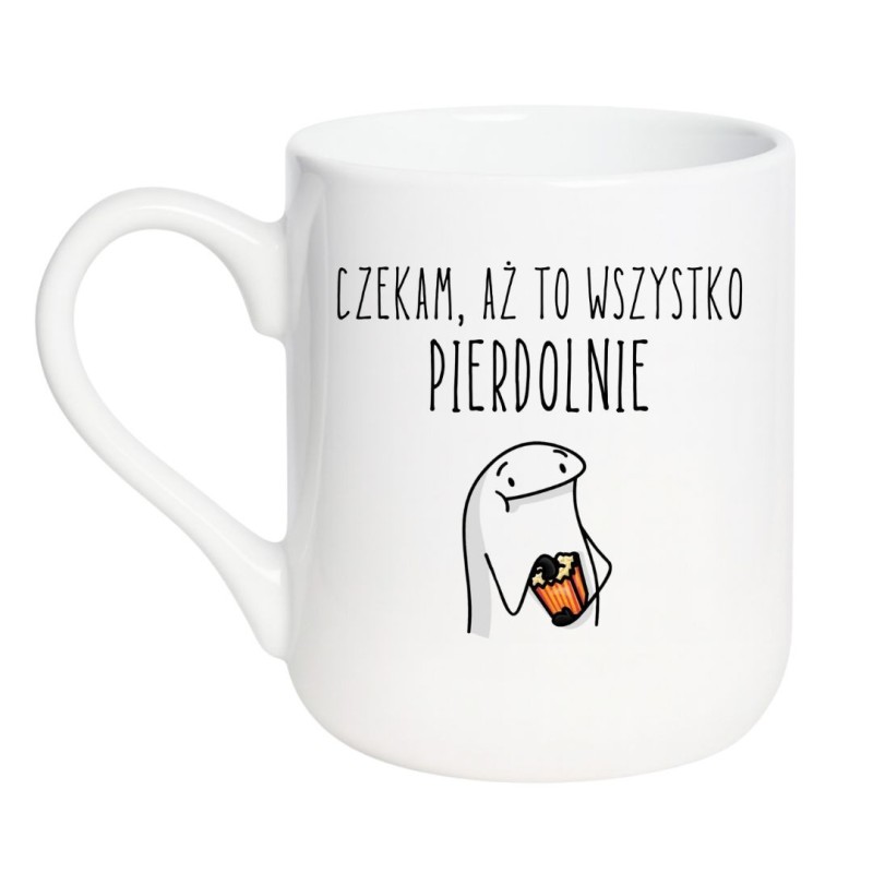 Elegancki kubek biały 330 ml z napisem „Czekam, aż to wszystko pierdolnie”