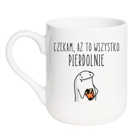 Elegancki kubek biały 330 ml z napisem „Czekam, aż to wszystko pierdolnie”