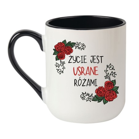 Elegancki kubek biało-czarny 330 ml z czarnym humorem i grafiką róż