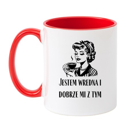 Kubek biało-czerwony 330 ml z nadrukiem „Jestem wredna i dobrze mi z tym” dla dziewczyny lub koleżanki.