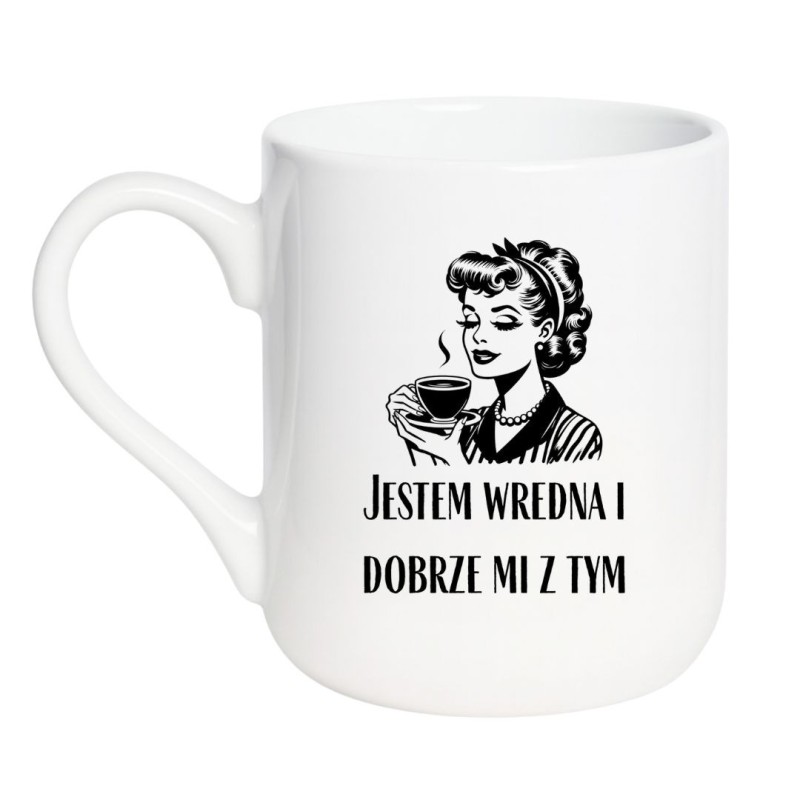 Elegancki kubek biały 330 ml z napisem „Jestem wredna i dobrze mi z tym” do kawy i herbaty.