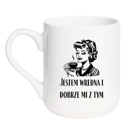 Elegancki kubek biały 330 ml z napisem „Jestem wredna i dobrze mi z tym” do kawy i herbaty.