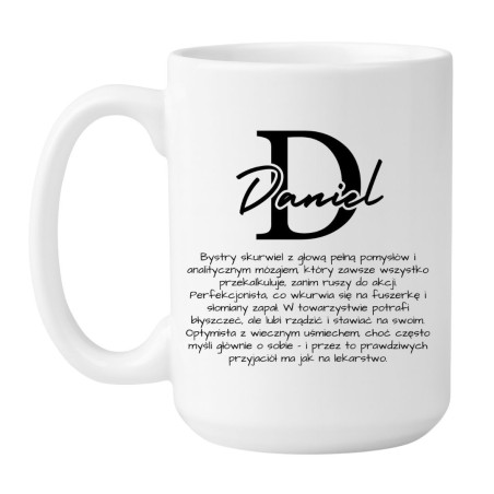 Kubek biały 450 ml z dużą literą D i tekstem „Daniel” idealny dla faceta lub męża na dużą kawę.