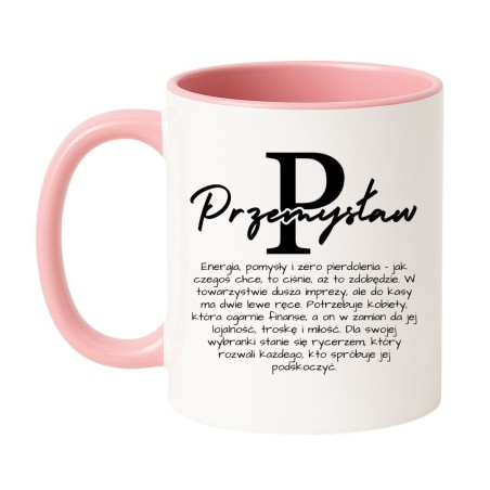 Kubek biało-różowy 330 ml z imieniem „Przemysław” i oryginalnym opisem, idealny prezent dla przyjaciela.