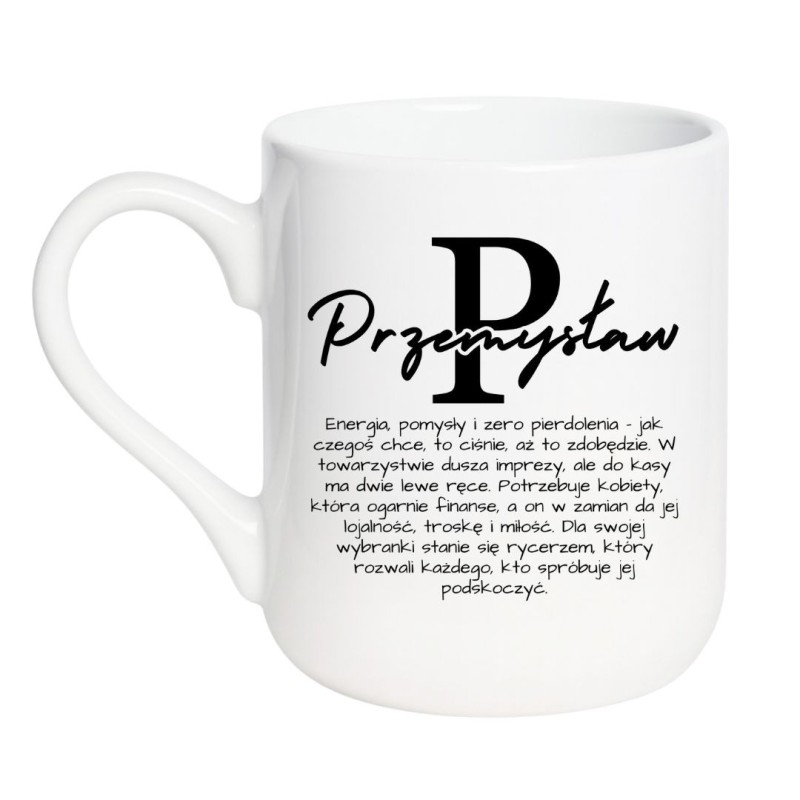 Elegancki kubek biały 330 ml z imieniem „Przemysław” i wyjątkowym opisem na prezent dla faceta.