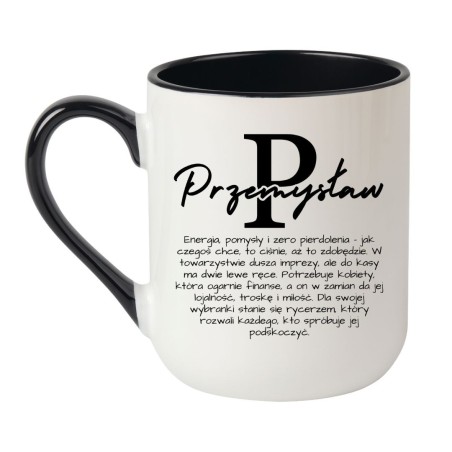 Elegancki kubek biało-czarny 330 ml z dużą literą P i napisem „Przemysław” dla męża lub brata.