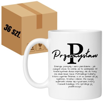 Karton 36 sztuk kubków białych 330 ml z nadrukiem „Przemysław” i opisem charakteru, sprzedaż hurtowa.