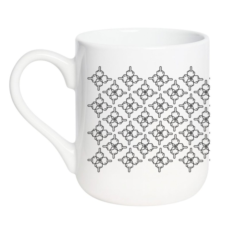 Elegancki kubek biały 330 ml z designerskim wzorem z ukrytym gestem „fuck you” w artystycznej formie.
