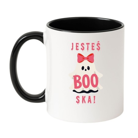 Kubek biało-czarny 330 ml z napisem „Jesteś BOO-ska!” na prezent walentynkowy lub halloweenowy.