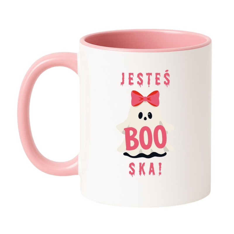 Kubek biało-różowy 330 ml z uroczym duchem i śmiesznym tekstem „Jesteś BOO-ska!” dla dziewczyny.