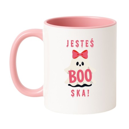 Kubek biało-różowy 330 ml z uroczym duchem i śmiesznym tekstem „Jesteś BOO-ska!” dla dziewczyny.