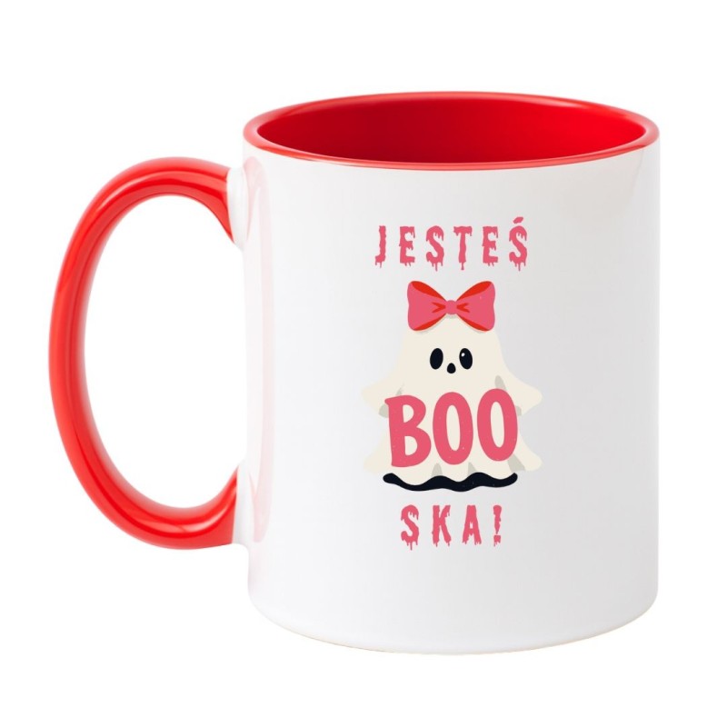 Kubek biało-czerwony 330 ml z napisem „Jesteś BOO-ska!” idealny prezent na Halloween i nie tylko.