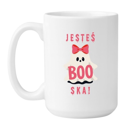 Kubek biały 450 ml z dużym nadrukiem ducha i napisem „Jesteś BOO-ska!” dla niej lub dla niego.