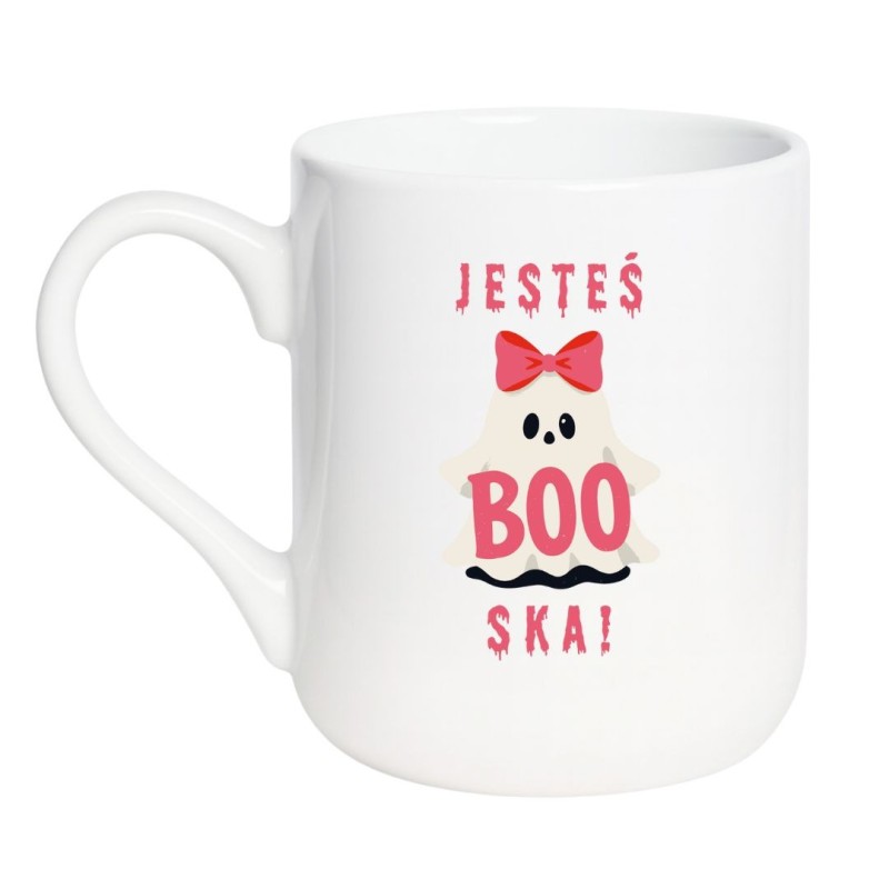Elegancki kubek biały 330 ml z uroczym nadrukiem ducha i tekstem „Jesteś BOO-ska!”.