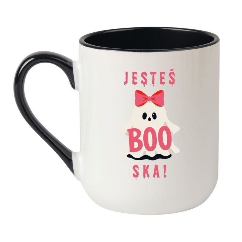 Elegancki kubek biało-czarny 330 ml z napisem „Jesteś BOO-ska!” idealny na prezent dla dziewczyny.