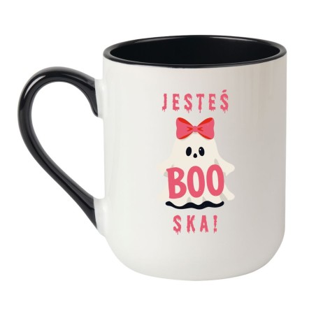 Elegancki kubek biało-czarny 330 ml z napisem „Jesteś BOO-ska!” idealny na prezent dla dziewczyny.