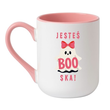 Elegancki kubek biało-różowy 330 ml z duchem i napisem „Jesteś BOO-ska!” na prezent dla niej.
