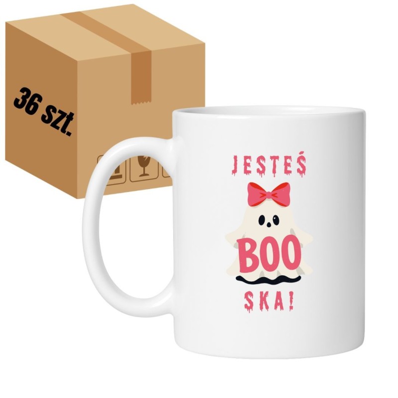 Karton 36 sztuk kubków białych 330 ml z uroczym nadrukiem ducha i napisem „Jesteś BOO-ska!”.