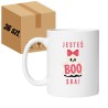 Karton 36 sztuk kubków białych 330 ml z uroczym nadrukiem ducha i napisem „Jesteś BOO-ska!”.
