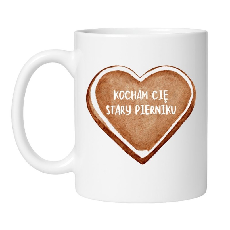 Kubek biały 330 ml z nadrukiem piernika i tekstem „Kocham Cię stary pierniku” dla chłopaka lub męża.