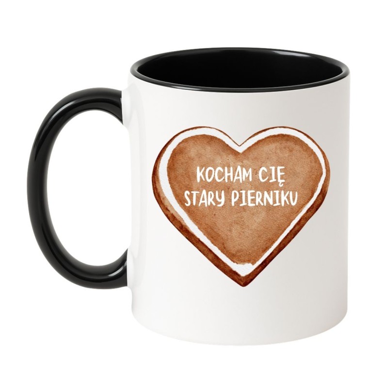 Kubek biało-czarny 330 ml z napisem „Kocham Cię stary pierniku” świetny prezent walentynkowy.