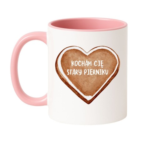 Kubek biało-różowy 330 ml z serduszkiem i tekstem „Kocham Cię stary pierniku” na prezent dla niego.