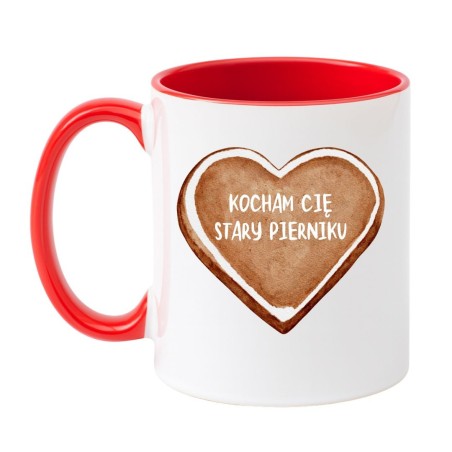 Kubek biało-czerwony 330 ml z grafiką piernika i napisem „Kocham Cię stary pierniku” dla ukochanego.