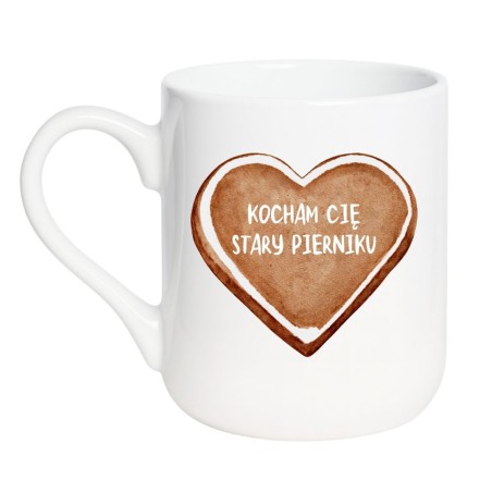 Elegancki kubek biały 330 ml z grafiką piernika i napisem „Kocham Cię stary pierniku” dla ukochanego.