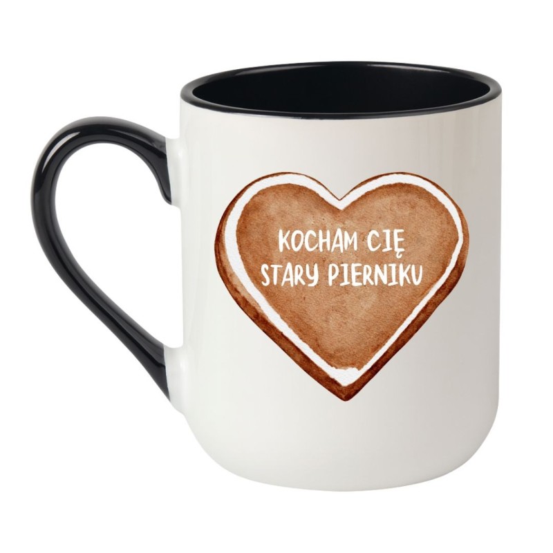 Elegancki kubek biało-czarny 330 ml z serduszkiem i napisem „Kocham Cię stary pierniku” na prezent.