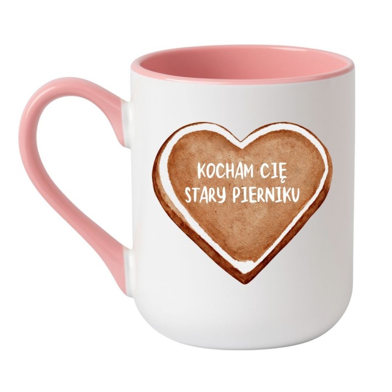 Elegancki kubek biało-różowy 330 ml z romantycznym napisem „Kocham Cię stary pierniku” dla niego.