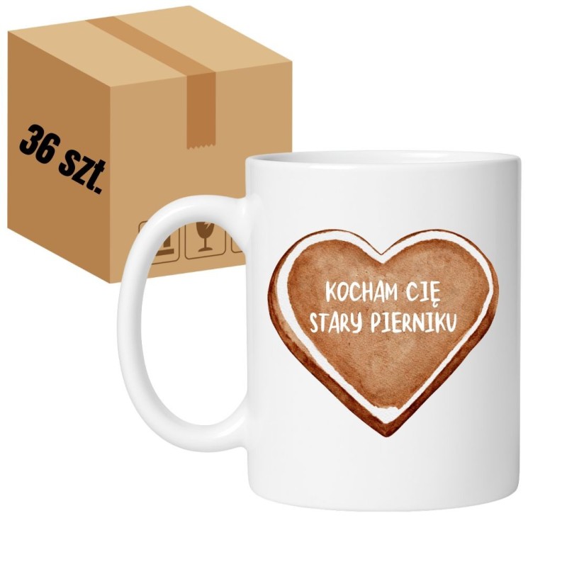 Karton 36 sztuk kubków białych 330 ml z nadrukiem „Kocham Cię stary pierniku” do sprzedaży hurtowej.