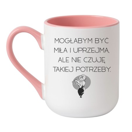 Elegancki kubek biało-różowy 330 ml z zabawnym napisem „Mogłabym być miła i uprzejma, ale nie czuję takiej potrzeby”.