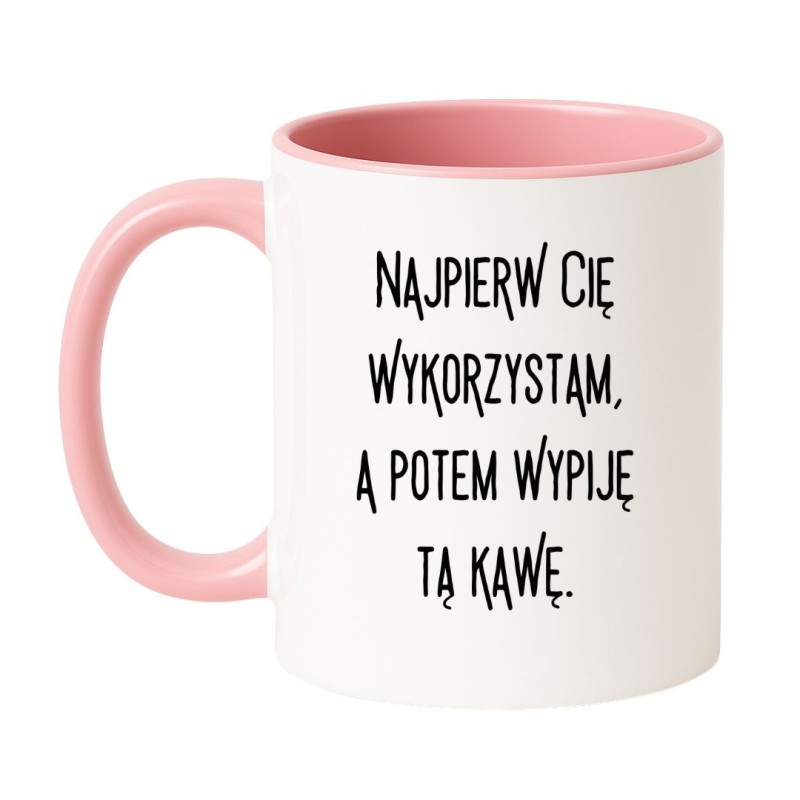 Kubek biało-różowy 330 ml z ironicznym napisem o porannej kawie