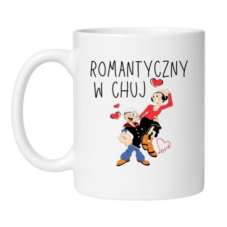 Kubek z napisem „Romantyczny w chuj” i grafiką zakochanej pary