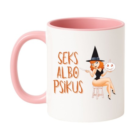 Kubek biało-różowy 330 ml z napisem „Seks albo psikus” – prezent dla dorosłych