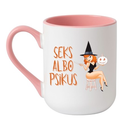 Elegancki kubek biało-różowy 330 ml z napisem i grafiką dyni