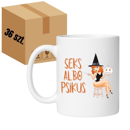 Karton hurtowy 36 sztuk kubków białych 330 ml z napisem „Seks albo psikus”