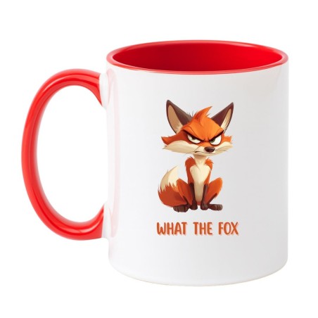 Kubek biało-czerwony z ironicznym napisem „What the Fox”