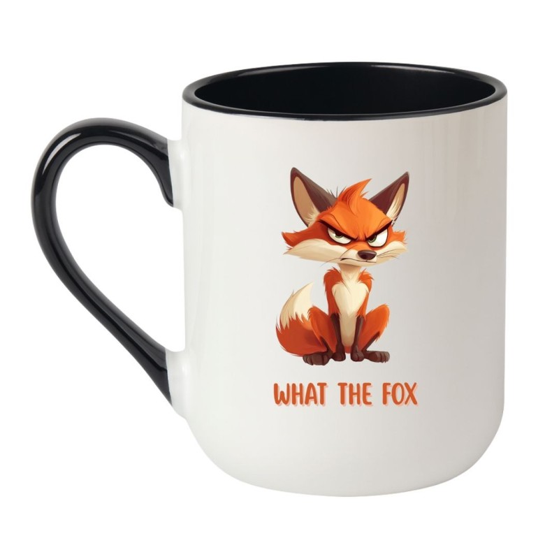 Elegancki kubek biało-czarny z napisem „What the Fox”