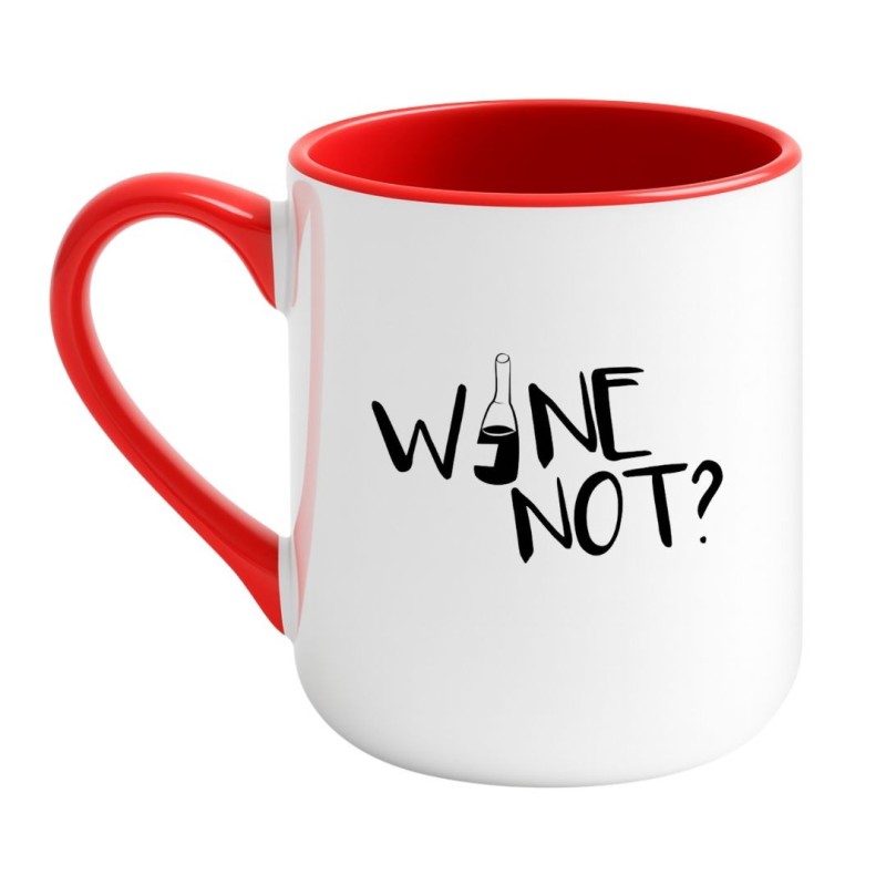 Elegancki kubek biało-czerwony z napisem „Wine not?” – gadżet na spotkania