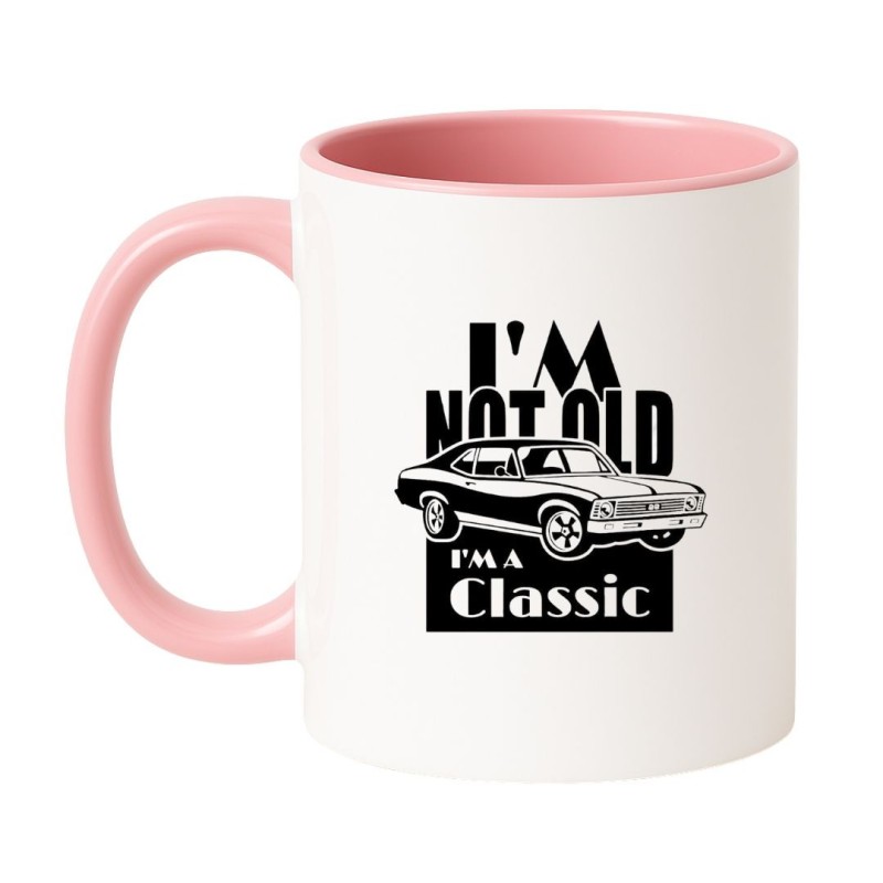 Kubek biało-różowy 330 ml z nadrukiem „I’m not old, I’m a classic” i samochodem klasycznym.